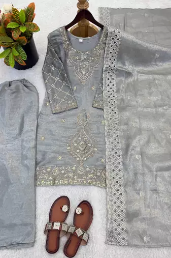 Grey color gimmychu silk embroidery work wedding wear salwar suit