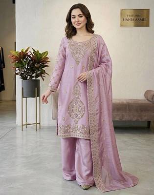 Onion color gimmychu silk embroidery work wedding wear salwar suit 1