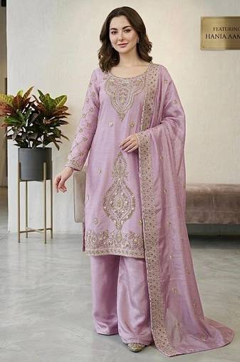 Onion color gimmychu silk embroidery work wedding wear salwar suit