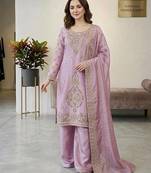 Onion color gimmychu silk embroidery work wedding wear salwar suit
