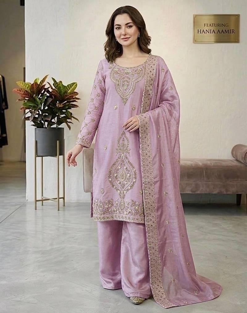 Onion color gimmychu silk embroidery work wedding wear salwar suit