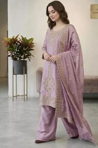 Onion color gimmychu silk embroidery work wedding wear salwar suit