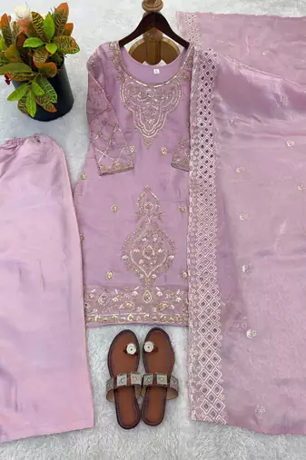 Onion color gimmychu silk embroidery work wedding wear salwar suit