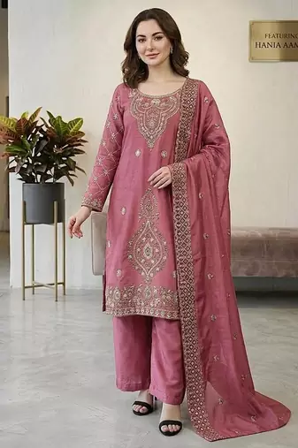 Pink color gimmychu silk embroidery work wedding wear salwar suit