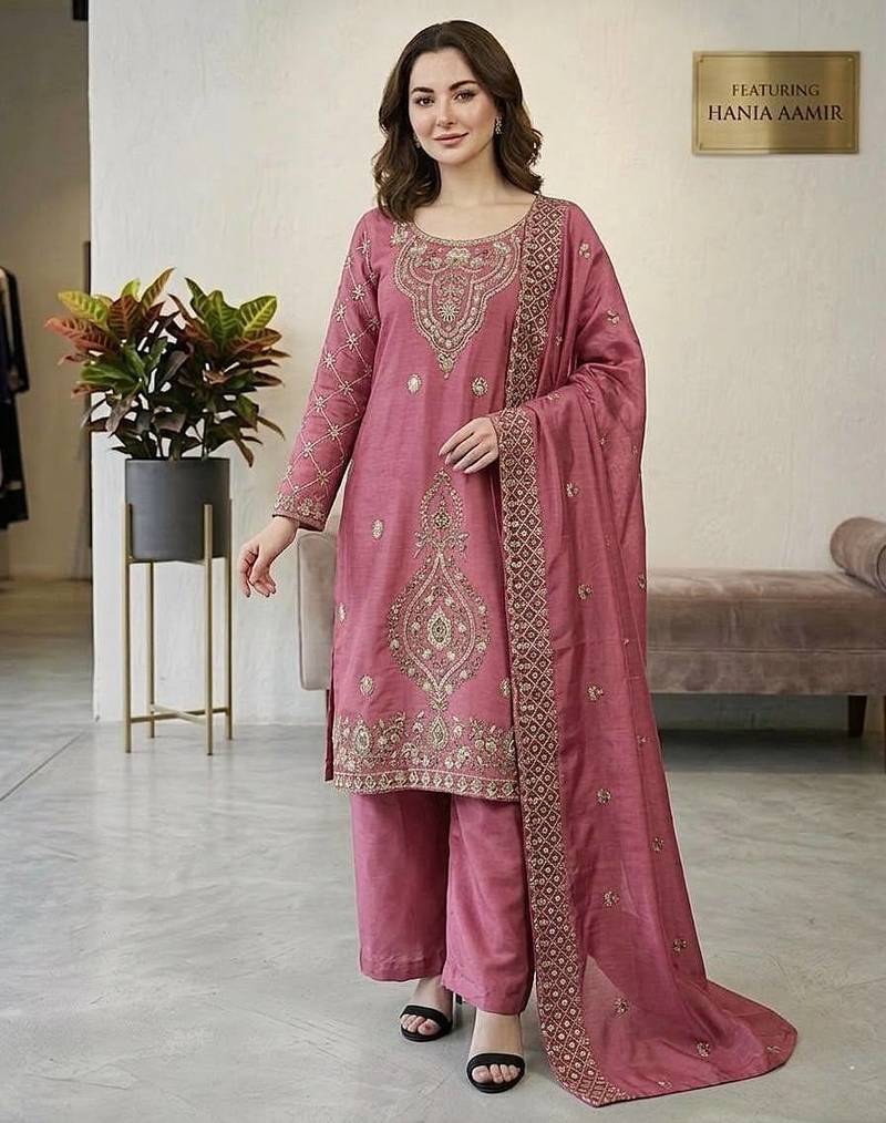 Pink color gimmychu silk embroidery work wedding wear salwar suit