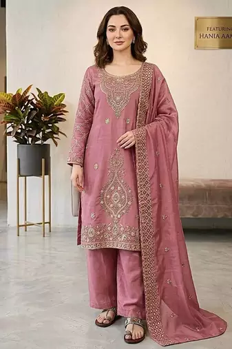Pink color gimmychu silk embroidery work wedding wear salwar suit