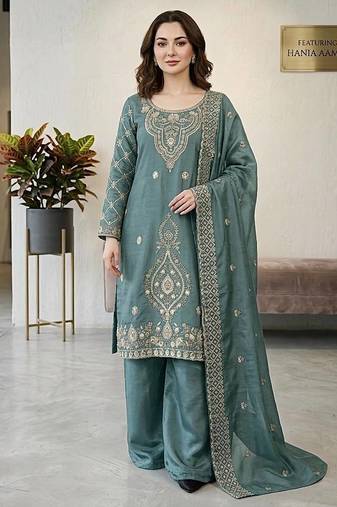 Teal color gimmychu silk embroidery work wedding wear salwar suit