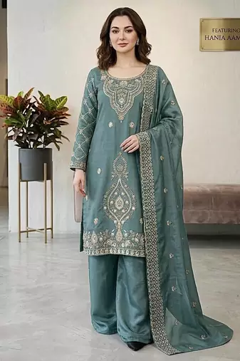 Teal color gimmychu silk embroidery work wedding wear salwar suit
