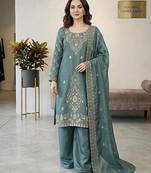 Teal color gimmychu silk embroidery work wedding wear salwar suit