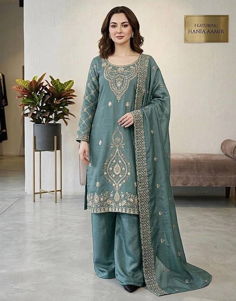 Teal color gimmychu silk embroidery work wedding wear salwar suit