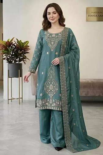Teal color gimmychu silk embroidery work wedding wear salwar suit