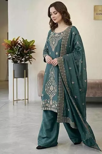 Teal color gimmychu silk embroidery work wedding wear salwar suit