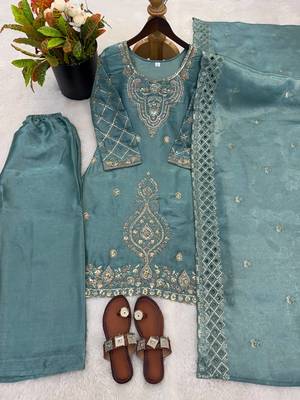 Teal color gimmychu silk embroidery work wedding wear salwar suit 4