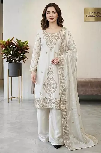 White color gimmychu silk embroidery work wedding wear salwar suit