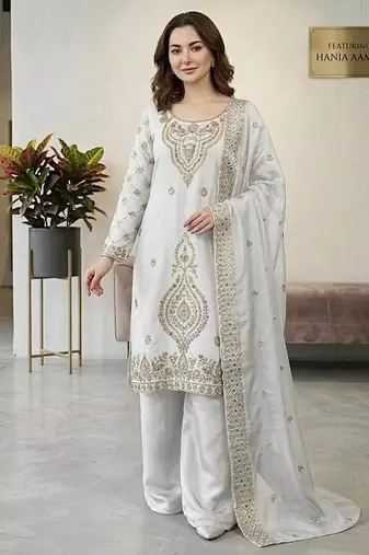 White color gimmychu silk embroidery work wedding wear salwar suit
