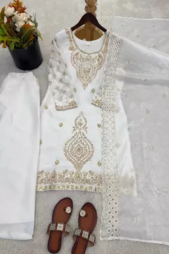 White color gimmychu silk embroidery work wedding wear salwar suit