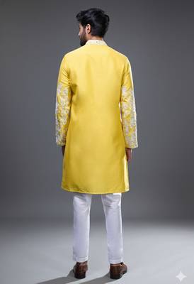 Yellow embroidered, mirror silk kurta pant 3