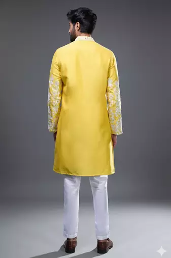 Yellow embroidered, mirror silk kurta pant