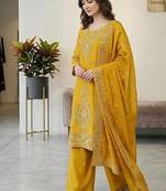 Yellow color gimmychu silk embroidery work wedding wear salwar suit