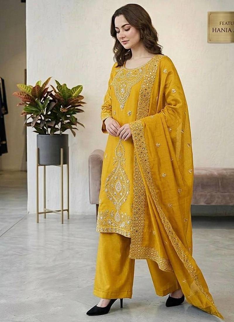 Yellow color gimmychu silk embroidery work wedding wear salwar suit