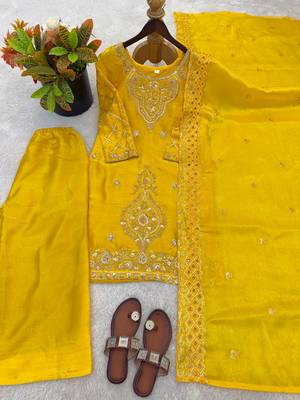 Yellow color gimmychu silk embroidery work wedding wear salwar suit 2