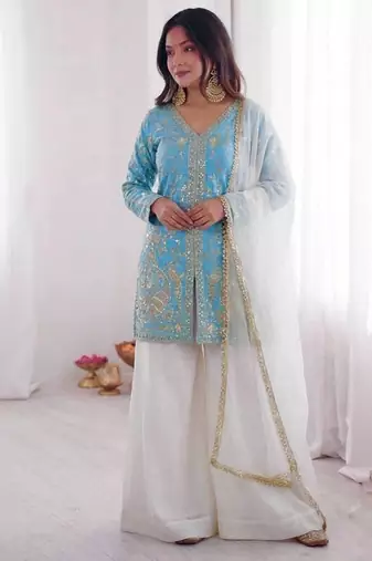 Blue and white color fendy silk embroidery work wedding wear salwar suit
