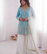 Blue and white color fendy silk embroidery work wedding wear salwar suit
