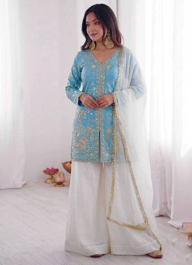 Blue and white color fendy silk embroidery work wedding wear salwar suit