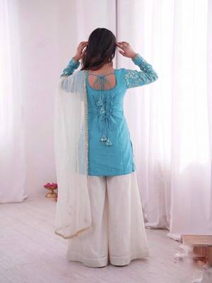 Blue and white color fendy silk embroidery work wedding wear salwar suit 2