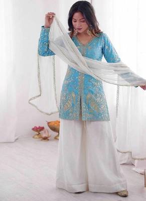 Blue and white color fendy silk embroidery work wedding wear salwar suit 3