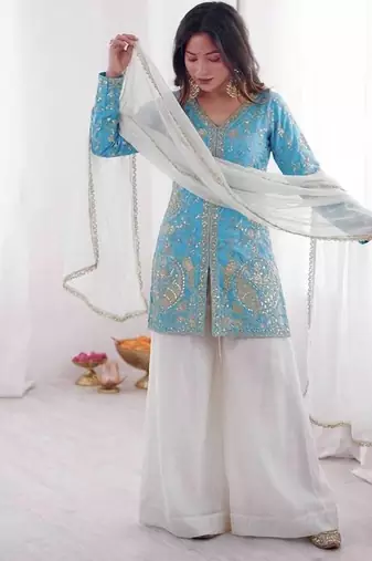 Blue and white color fendy silk embroidery work wedding wear salwar suit