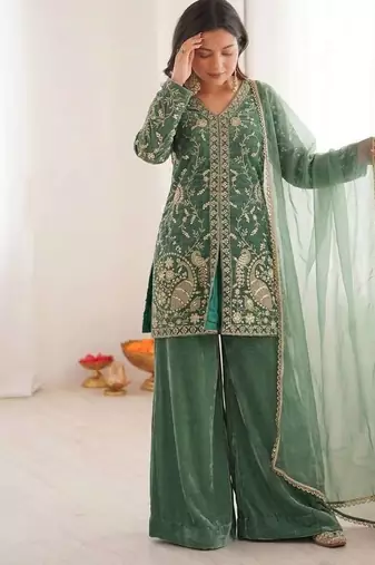 Light green color fendy silk embroidery work wedding wear salwar suit