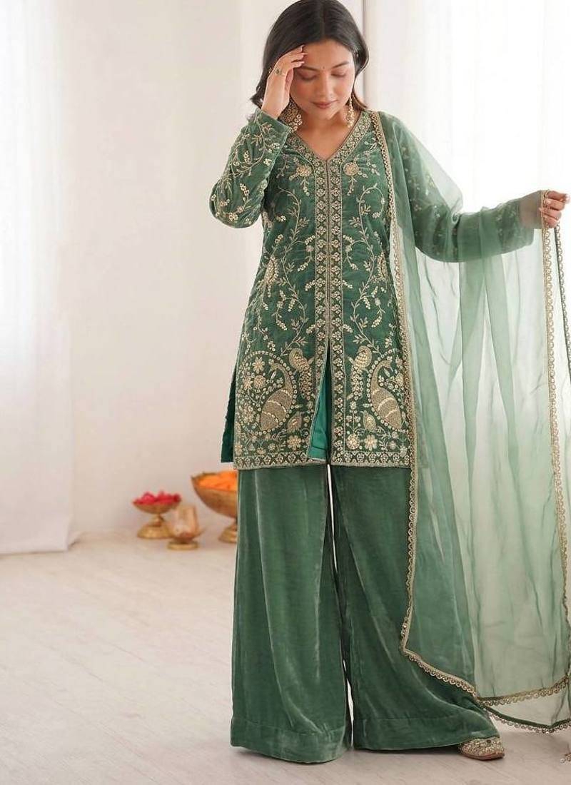 Light green color fendy silk embroidery work wedding wear salwar suit