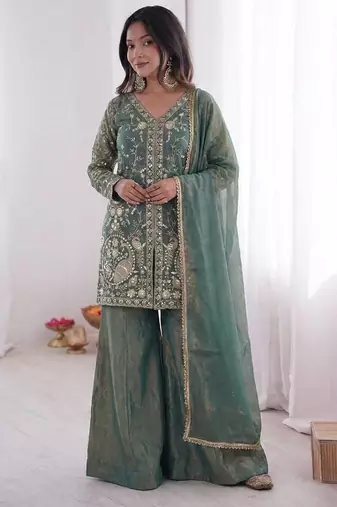 Teal color fendy silk embroidery work wedding wear salwar suit