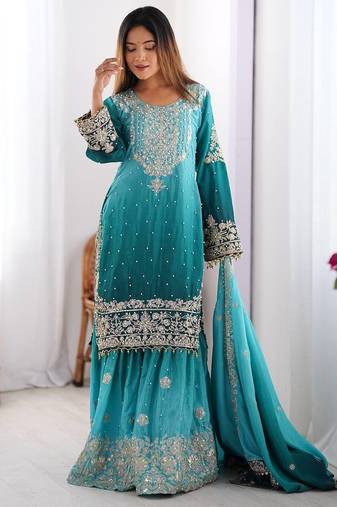 Aqua Blue Color Dori,Sequence And Rivet Moti Work Chinon Silk Top Bottom Dupatta Set