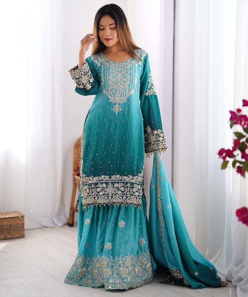Aqua Blue Color Dori,Sequence And Rivet Moti Work Chinon Silk Top Bottom Dupatta Set