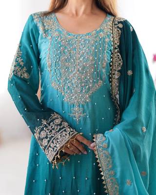 Aqua Blue Color Dori,Sequence And Rivet Moti Work Chinon Silk Top Bottom Dupatta Set 2