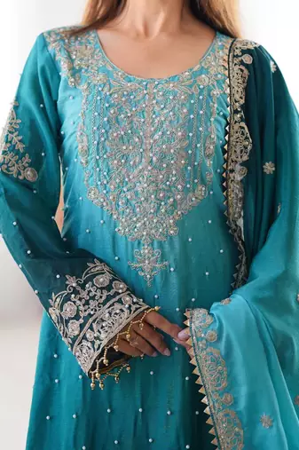 Aqua Blue Color Dori,Sequence And Rivet Moti Work Chinon Silk Top Bottom Dupatta Set