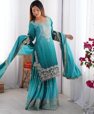 Aqua Blue Color Dori,Sequence And Rivet Moti Work Chinon Silk Top Bottom Dupatta Set 3