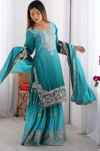 Aqua Blue Color Dori,Sequence And Rivet Moti Work Chinon Silk Top Bottom Dupatta Set