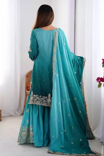 Aqua Blue Color Dori,Sequence And Rivet Moti Work Chinon Silk Top Bottom Dupatta Set