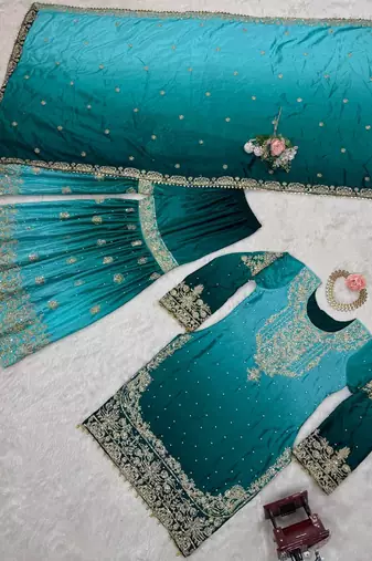 Aqua Blue Color Dori,Sequence And Rivet Moti Work Chinon Silk Top Bottom Dupatta Set