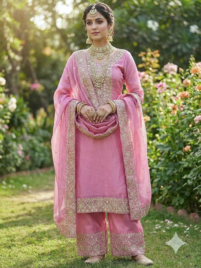 Baby pink color fendy silk embroidery work wedding wear salwar suit