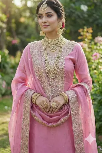 Baby pink color fendy silk embroidery work wedding wear salwar suit