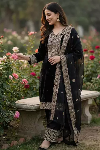 Black color fendy silk embroidery work wedding wear salwar suit