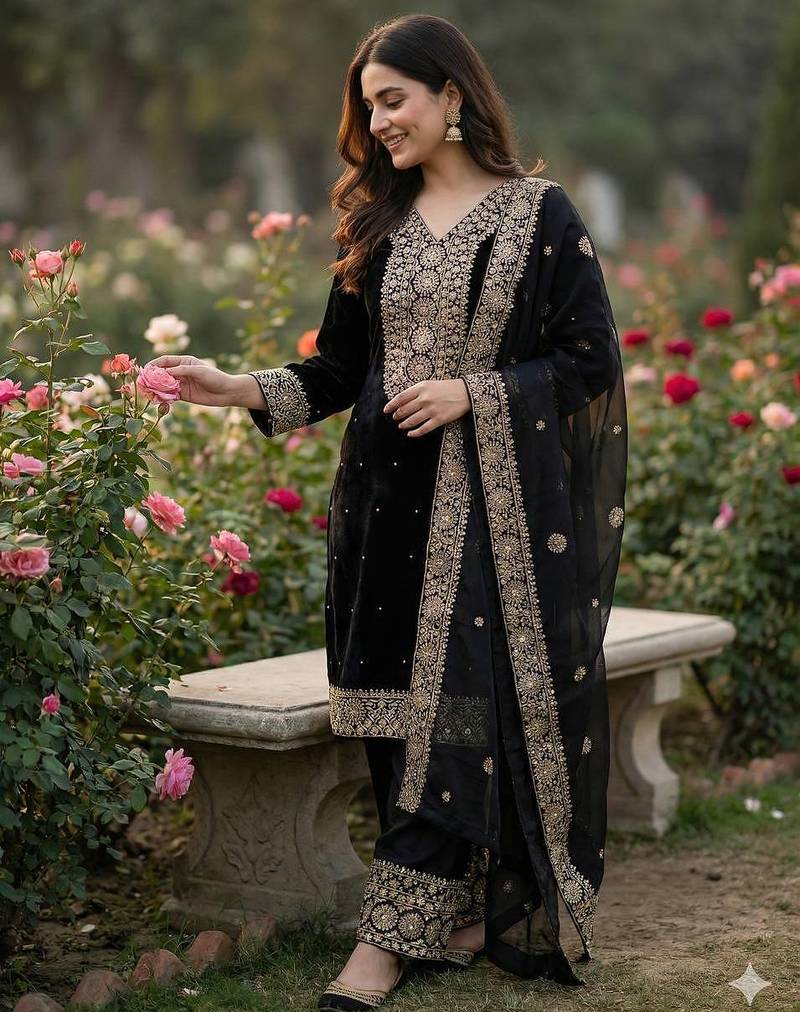 Black color fendy silk embroidery work wedding wear salwar suit