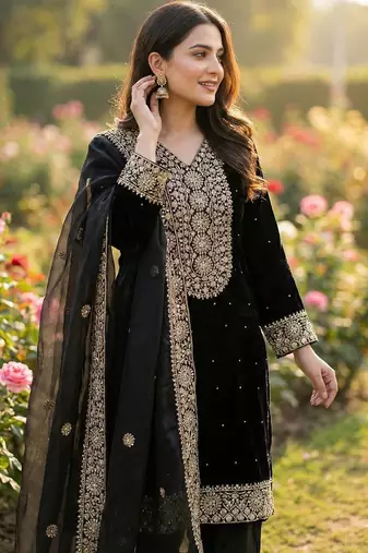 Black color fendy silk embroidery work wedding wear salwar suit