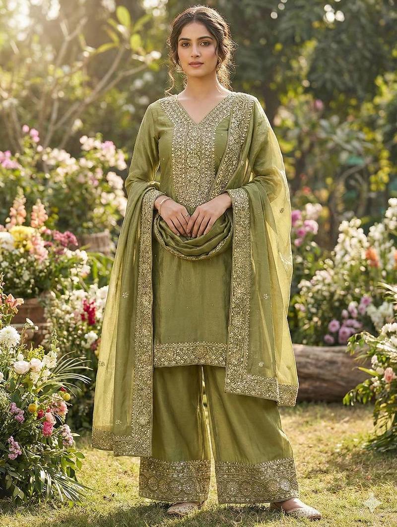 Mehendi color fendy silk embroidery work wedding wear salwar suit