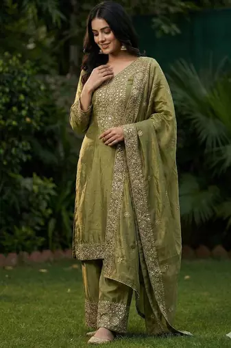 Mehendi color fendy silk embroidery work wedding wear salwar suit