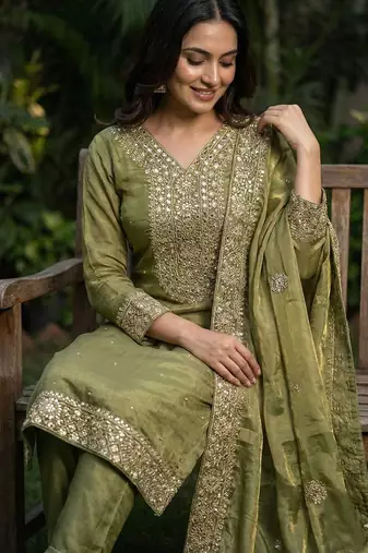 Mehendi color fendy silk embroidery work wedding wear salwar suit